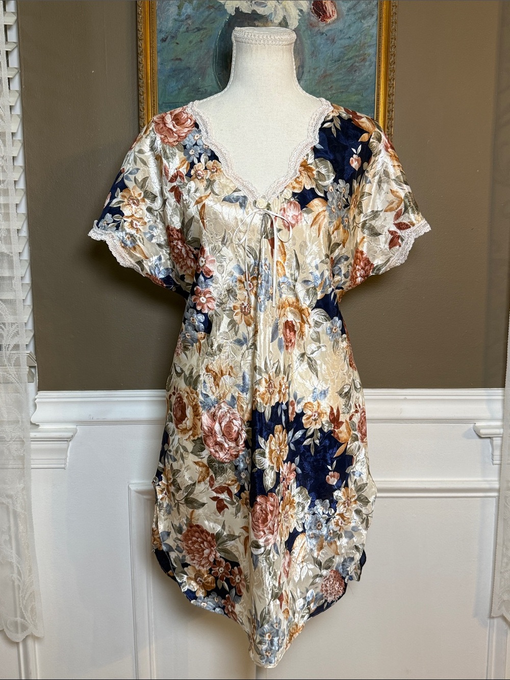 LA Intimates Floral Jacquard Satin Sleep Dress Chemise Small